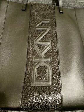 DKNY Black Faux Leather Glitter Logo Tote Bag